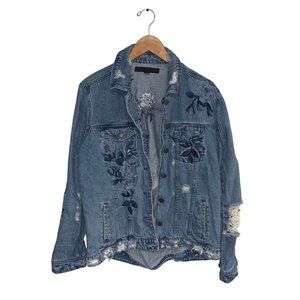 Tinsel‎ Jean Jacket Size Medium  Medium Wash Denim Distressed Embroidered Floral